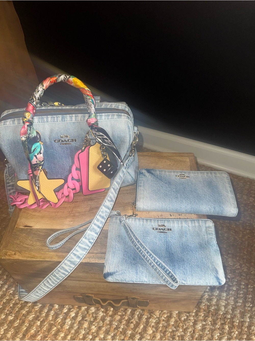 Coach loved denim bundle Rowan, large wallet and side zip pouch with extra charm